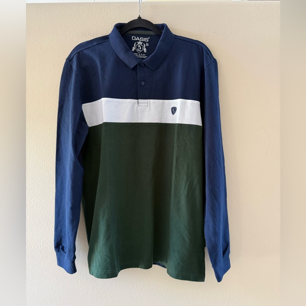Oasis Men's Navy, White and Green Colorblock Polo NWOT